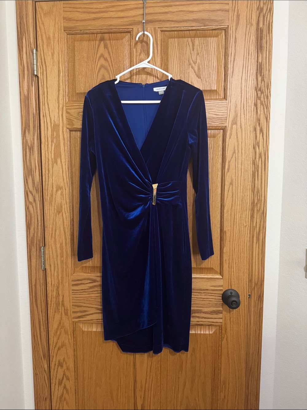 Calvin Klein Deep Blue Velvet Long-Sleeve Wrap Dress with Gold Accent